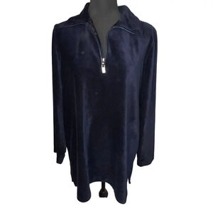 Liz Claiborne Navy Blue Ribbed Jacard Velvet 1/4 Zip Long Sleeve Tunic Size Lg
